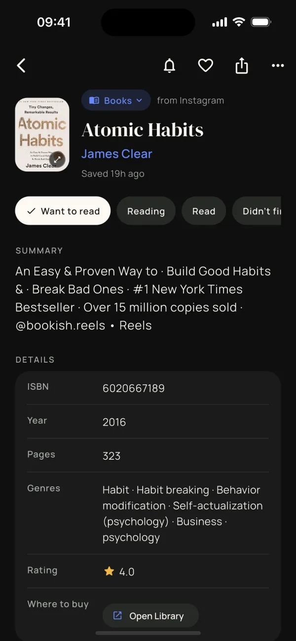 A book card for Atomic Habits by James Clear with a summary, ISBN, year, pages, genres and rating.