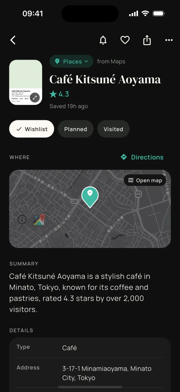 A place card for Café Kitsuné Aoyama with a 4.3 rating, a map and the address.