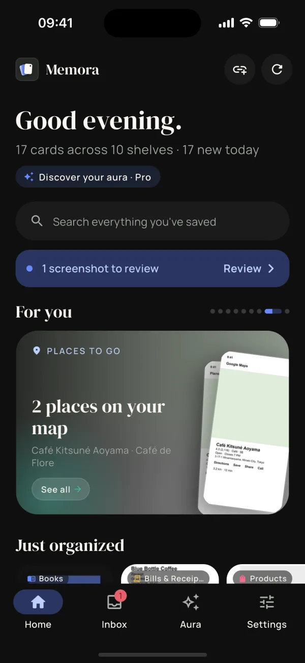 Memora's home screen with a “For you” card: two places on your map.