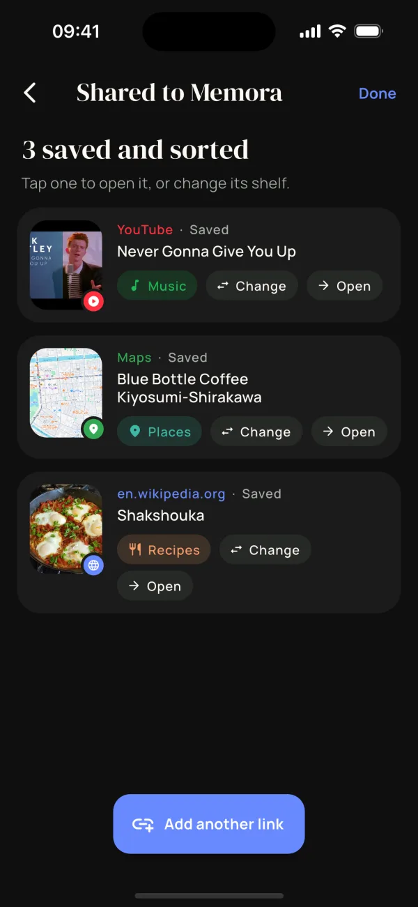 “3 saved and sorted”: a YouTube song filed to Music, a Maps pin to Places and a Wikipedia recipe to Recipes.